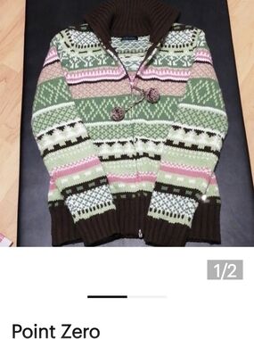 Point Zero Green & Pink Fair Isle Zip-Up Sweater